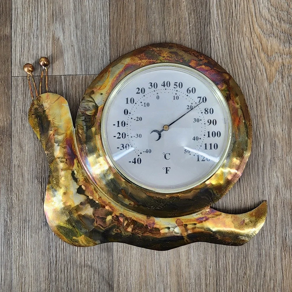 Vintage Metal Snail Wall Thermometer Copper Tone Iridescent Garden Decor 8.5